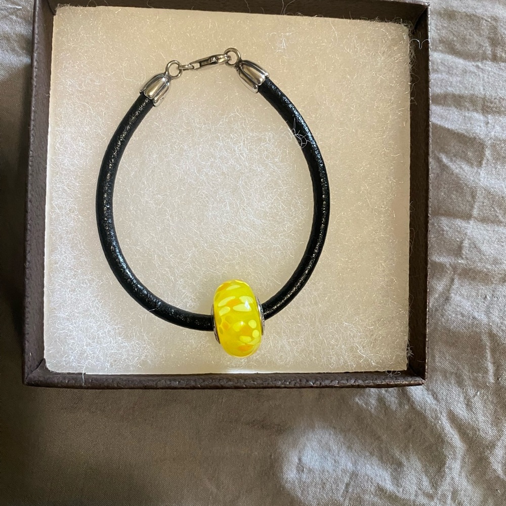 Authentic Pandora Leather Bracelet with Yellow Blossom Charm